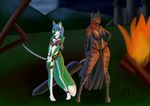  akitsu amazon anthro aventis aventis_vixxx blue_hair breasts camp canine castle equine female fire fox fur green_fur hair horse mammal melee_weapon outside piercing sword tribal warrior weapon 