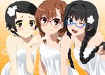  :3 alternate_hairstyle bangs bespectacled black_hair blue-framed_eyewear braid brown_eyes brown_hair bubble camisole closed_mouth collarbone flower glasses gradient gradient_background hair_flower hair_ornament holding holding_hair long_hair looking_at_viewer misaka_mikoto momoiro_tanuki multiple_girls one_eye_closed open_mouth orange_background over-rim_eyewear red-framed_eyewear saten_ruiko semi-rimless_eyewear shirt short_hair smile to_aru_kagaku_no_railgun to_aru_majutsu_no_index twin_braids uiharu_kazari under-rim_eyewear upper_body white_shirt yellow-framed_eyewear 