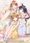  3girls :o ;d adagaki_aki bedroom black_hair blush bow braid breasts brown_eyes brown_hair chin_rest cleavage flower fujinomiya_neko hair_bow hair_flower hair_ornament hand_to_own_mouth highres indoors knees_to_chest koiwai_yoshino large_breasts long_legs looking_at_viewer lying masamune-kun_no_revenge mole mole_under_eye multiple_girls nightgown non-web_source on_bed on_side on_stomach one_eye_closed open_mouth pajamas purple_eyes short_hair shorts sitting small_breasts smile socks strap_slip striped striped_legwear tears tiv twin_braids 
