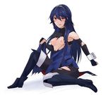  blue_eyes blue_hair blush boots breasts damaged embarrassed fingerless_gloves fire_emblem fire_emblem:_kakusei fire_emblem_heroes gloves leggings long_hair looking_at_viewer lucina nipples sara_(arorasyeimi) small_breasts solo tiara torn_clothes torn_sleeves 