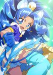  animal_ears blue blue_eyes blue_gloves blue_hair blue_legwear blue_skirt clenched_hand cure_gelato earrings extra_ears fang food_themed_hair_ornament gloves green_background hair_ornament jewelry kirakira_precure_a_la_mode lion_ears lion_tail long_hair magical_girl open_mouth precure single_thighhigh skirt smile solo tail tategami_aoi thighhighs toramaru 