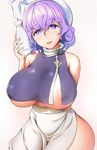  adapted_costume apron areola_slip areolae bare_arms bare_shoulders blue_eyes blush breast_hold breasts covered_nipples cowboy_shot crop_top crop_top_overhang curvy hat highres huge_breasts lavender_hair letty_whiterock looking_at_viewer mob_cap nyogorajima sleeveless smile solo tokkuri touhou waist_apron 