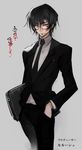  black_hair black_neckwear code_geass creayus formal grey_background hand_in_pocket holding lelouch_lamperouge looking_at_viewer male_focus necktie pen pen_in_pocket purple_eyes simple_background 