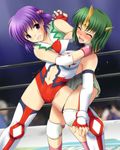  2girls blush chokehold choking digdug006 green_hair hair_bobbles hair_ornament leotard multiple_girls open_mouth purple_eyes purple_hair ryona short_hair skirt sonic_cat sweat thigh_boots thighhighs wrestle_angels wrestle_angels_survivor wrestle_angels_survivor_2 wrestling wrestling_outfit yuuki_chigusa 