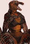  anthro bra breasts clothing crocodile crocodilian female oouna open_mouth reptile scalie simple_background solo teeth tongue underwear 
