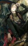  animal_print blonde_hair denim green_eyes hood hoodie jeans leopard_print male_focus megane_(artist) pants sitting yuri!!!_on_ice yuri_plisetsky 