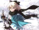  ahoge black_ribbon black_scarf blonde_hair bow fate_(series) hair_bow highres holding holding_sword holding_weapon japanese_clothes katana kimono koha-ace looking_at_viewer okita_souji_(fate) okita_souji_(fate)_(all) petals ribbon scarf sheath shiguru short_hair snow snowing solo sword unsheathing weapon wind yellow_eyes 