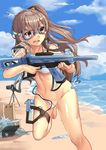  463_jun :d absurdres asymmetrical_hair bare_arms bare_legs barefoot beach bikini blue_sky blush breasts brown_eyes brown_hair camera cloud collarbone day g11_(girls_frontline) girls_frontline goggles gun highres holding holding_gun holding_weapon holster leg_up long_hair looking_to_the_side medium_breasts multiple_girls navel one_side_up open_clothes open_mouth open_vest outdoors partially_visible_vulva purple-framed_eyewear running sand sand_castle sand_sculpture see-through shiny shiny_hair shiny_skin shore side-tie_bikini sky smile solo_focus stomach sweat swimsuit thigh_holster ump45_(girls_frontline) underboob untied untied_bikini v-shaped_eyebrows vest wardrobe_malfunction water water_drop water_gun weapon white_bikini 