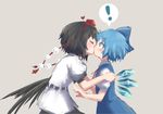  2girls black_hair black_ribbon black_skirt black_wings blue_dress blue_eyes blue_ribbon cirno closed_eyes collared_shirt commentary dress grey_background hair_ribbon hat heart highres ice ice_wings juliet_sleeves kiss long_sleeves low_wings multiple_girls neck_ribbon pom_pom_(clothes) puffy_sleeves red_hat red_ribbon ribbon roke_(taikodon) shameimaru_aya shirt short_hair short_sleeves simple_background skirt sleeveless sleeveless_dress spoken_exclamation_mark surprised tokin_hat touhou white_shirt wide-eyed wings yuri 