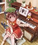  1girl :3 animal_ears bangs blush book bookshelf bow bowtie brown_eyes brown_hair cat_ears cat_tail chen closed_mouth commentary_request earrings flower heart instrument jewelry juliet_sleeves long_sleeves looking_at_viewer marashii nekomata pendulum piano pink_flower plant potted_plant puffy_sleeves red_flower red_skirt red_vest sakino_shingetsu shirt sitting skirt smile socks solo stool stuffed_monkey tail touhou vest white_legwear white_shirt yellow_neckwear 