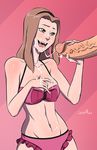  1girl bandai bare_legs bare_shoulders bikini breasts brown_eyes brown_hair cum curvy digimon digimon_adventure_tri. facial female frilled_bikini handjob long_hair masturbation open_mouth penis pink_bikini smile swimsuit tachikawa_mimi 