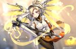  armor aruma_jiki blonde_hair blue_eyes blush bodysuit breastplate breasts brown_gloves brown_legwear cowboy_shot eyelashes faulds gloves glowing glowing_wings headgear high_ponytail holding holding_staff legs_together loincloth long_sleeves looking_at_viewer mechanical_halo mechanical_wings medium_breasts mercy_(overwatch) overwatch pantyhose parted_lips pelvic_curtain ponytail short_ponytail skin_tight smile solo spread_wings staff turtleneck twitter_username wings yellow_wings 