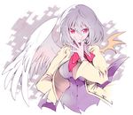  asymmetrical_wings bow bowtie cropped_torso dress feathered_wings hair_between_eyes hand_over_face ichizen_(o_tori) jacket kishin_sagume looking_at_viewer purple_dress red_bow red_eyes red_neckwear short_hair silver_hair smile solo touhou upper_body white_jacket white_wings wide_sleeves wings yellow_wings 