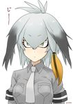  bird_wings blonde_hair breasts closed_mouth commentary expressionless green_eyes grey_hair grey_shirt hair_between_eyes hair_flaps hair_tie head_wings kemono_friends large_breasts looking_at_viewer multicolored_hair necktie non_(nonzile) shirt shoebill_(kemono_friends) short_sleeves sidelocks solo staring translated twitter_username white_background wings 