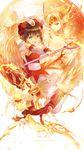  absurdres antenna_hair bird brown_hair cardcaptor_sakura clow_card ekita_xuan fire firey_(clow_card) green_eyes hat highres hoshi_no_tsue kero kinomoto_sakura looking_at_viewer magical_girl open_mouth short_hair wand wings 