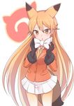  animal_ears black_gloves blonde_hair bow bowtie chestnut_mouth commentary_request cowboy_shot ezo_red_fox_(kemono_friends) fox_ears fox_tail gloves jacket japari_symbol kemono_friends konnyaku_(kk-monmon) long_hair looking_at_viewer miniskirt necktie orange_jacket pleated_skirt shirt simple_background skirt solo standing tail tsurime very_long_hair white_background white_bow white_neckwear white_shirt yellow_eyes yellow_neckwear 