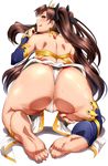  1girl :q armlet ass back bare_back bare_shoulders barefoot blush brown_hair choker come_hither earrings fate/grand_order fate_(series) feet from_behind hair_ribbon huge_ass ishtar_(fate/grand_order) jewelry kneeling licking_lips long_hair looking_at_viewer looking_back naughty_face neck_ring no_shoes partially_visible_vulva red_eyes ribbon seductive_smile shiny shiny_hair shiny_skin single_thighhigh smile soles solo sweat thong toeless_legwear toes tohsaka_rin tongue tongue_out two-side_up umakatsuhai very_long_hair 