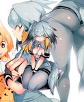  animal_ears ass between_breasts bikini_top bird_tail bird_wings black_gloves blonde_hair blush booch breasts cleavage eyebrows_visible_through_hair fingerless_gloves from_below gloves green_eyes grey_legwear hands_on_own_chest head_wings highres kemono_friends medium_breasts multiple_girls multiple_views necktie necktie_between_breasts open_clothes open_shirt orange_eyes pantyhose seiza serval_(kemono_friends) serval_ears shirt shoebill_(kemono_friends) shorts silver_hair sitting tail twitter_username wings 