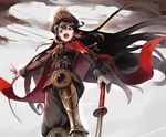  belt black_hair black_hat boots cape commentary_request family_crest fate/grand_order fate_(series) from_below gloves hat japanese_clothes knee_up koha-ace long_hair long_sleeves looking_at_viewer military military_uniform oda_nobunaga_(fate) oda_uri planted_sword planted_weapon red_cape red_eyes solo sue_(bg-bros) sword uniform weapon white_gloves 