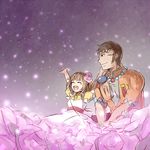  1boy 1girl apron breasts brown_eyes brown_hair dress earrings eyes_closed father_and_daughter flower glasses harriet_campbell open_mouth short_hair smile tales_of_(series) tales_of_legendia will_raynard 