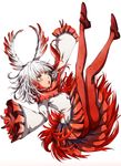  ass bangs blunt_bangs feathers full_body gloves head_wings japanese_crested_ibis_(kemono_friends) kemono_friends legs_up long_hair long_sleeves looking_up multicolored_hair nuru_himmel open_mouth pantyhose pleated_skirt red_gloves red_hair red_legwear red_skirt skirt solo two-tone_hair white_hair wide_sleeves yellow_eyes 