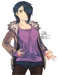  2017 alternate_costume blue_hair brown_eyes casual collarbone contemporary dated denim denim_shorts earrings fur_trim hair_over_one_eye hand_on_hip jacket jewelry kantai_collection looking_at_viewer nail_polish nmz_(namazu) no_eyepatch no_headwear pantyhose purple_nails short_hair shorts signature smile solo tenryuu_(kantai_collection) twitter_username 