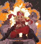  belt belt_feed bikini_top blonde_hair boots bullet bullet_hole car detached_sleeves explosion grenade_launcher ground_vehicle gun headband looking_at_viewer m249 machine_gun motor_vehicle original pants red_pants shell_casing solo tessaku_ro twintails weapon 