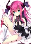  aqua_eyes bangs black_dress blue_ribbon boots bow bow_panties breasts claws closed_mouth dress elizabeth_bathory_(fate) elizabeth_bathory_(fate)_(all) fate/extra fate/extra_ccc fate_(series) hair_ribbon horns long_hair looking_at_viewer noto_kurumi panties pink_hair pink_panties pointy_ears red_bow ribbon sidelocks simple_background sitting small_breasts smile solo striped striped_panties tail underwear white_background white_footwear 