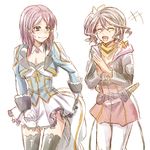  2girls alisha_diphda belt blue_eyes blush breasts brown_hair choker cleavage costume_switch dagger eyes_closed gloves hair_ornament hair_tubes jacket multiple_girls open_mouth pants red_hair rose_(tales) scarf short_hair side_ponytail skirt tales_of_(series) tales_of_zestiria thighhighs weapon 