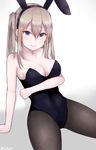  alternate_costume animal_ears arm_support bare_arms bare_shoulders black_hairband black_legwear black_leotard blonde_hair blue_eyes blush breast_hold breasts bunny_ears bunnysuit cleavage closed_mouth collarbone fishnet_legwear fishnet_pantyhose fishnets graf_zeppelin_(kantai_collection) hair_tie hairband highres invisible_chair kantai_collection kinryuu leaning_back leotard long_hair looking_at_viewer medium_breasts pantyhose sidelocks sitting smile solo strapless strapless_leotard two_side_up 