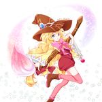  1girl beryl_benito black_eyes blonde_hair boots brush character_name freckles hat ribbon smile star tales_of_(series) tales_of_hearts thighhighs very_long_hair wide_sleeves witch_hat 