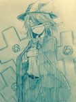  bandages bandages_over_eyes bangs belt bow bowtie cape closed_eyes closed_mouth collared_shirt commentary cowboy_shot efukei hat hat_bow highres monochrome one_eye_covered pentagram shirt short_hair solo touhou touhou_(pc-98) traditional_media usami_renko 