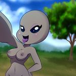  2017 alien blue_eyes breasts female grey_skin half-closed_eyes lonbluewolf looking_at_viewer nipples open_mouth selfie solo tongue tongue_out 