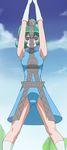  arms_up blue_eyes blue_sky blurry blush_stickers breasts calen_(time_bokan) cloud day depth_of_field eiffel_tower gloves green_hair haruyama_kazunori legs_apart looking_at_viewer medium_breasts panties pantyshot ponytail short_hair sky smile solo time_bokan_(series) time_bokan_24 underwear white_gloves 