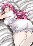  1girl adahcm ass bangs bed blue_eyes blush bokutachi_wa_benkyou_ga_dekinai braid breasts dress feet_up french_braid hat highres hips huge_ass jpeg_artifacts kirisu_mafuyu large_breasts long_hair looking_at_viewer looking_back lying nurse nurse_cap on_stomach pantyhose pillow pink_hair short_dress short_sleeves solo thick_thighs thighs twin_braids white_dress white_legwear wide-eyed wide_hips 