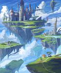  airship ame_sagari building castle cloud day floating_castle floating_island highres house hut no_humans original path pier railing river road rock scenery sky steeple tower tree water waterfall windmill 