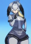  bird_tail bird_wings black_gloves black_hair blue_background bodystocking breasts collared_shirt commentary eyebrows_visible_through_hair feathered_wings finger_to_mouth fingerless_gloves gloves green_eyes grey_hair grey_shirt grey_shorts head_wings highres kemono_friends large_breasts long_hair looking_at_viewer low_ponytail multicolored_hair necktie pantyhose shirt shoebill_(kemono_friends) short_sleeves shorts shushing side_ponytail silver_hair simple_background solo space_jin thick_thighs thighs white_neckwear wide_hips wings 