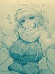  :d bangs blunt_bangs blush breasts commentary_request efukei eyebrows_visible_through_hair hair_between_eyes hat heart highres large_breasts letty_whiterock looking_at_viewer monochrome nose_blush open_mouth puffy_sleeves short_hair smile solo touhou traditional_media upper_body 
