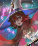  blush breasts cape cleavage hat little_witch_academia medium_breasts open_mouth red_eyes red_hair shiny_chariot shiny_rod short_hair smile solo visqi witch witch_hat younger 