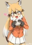  :d absurdres animal_ears baozi black_gloves blazer blonde_hair blush commentary_request cowboy_shot dorumam ezo_red_fox_(kemono_friends) food fox_ears fox_tail gloves gradient_hair hair_between_eyes hair_flaps highres jacket kemono_friends long_hair looking_at_viewer multicolored_hair open_mouth pleated_skirt skirt smile solo tail white_skirt yellow_eyes 