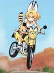  adapted_object animal_ears bare_shoulders blonde_hair blush boots bow bowtie commentary elbow_gloves extra_ears gloves ground_vehicle kakizaki_(chou_neji) kemono_friends looking_at_viewer motor_vehicle motorcycle open_mouth riding serval_(kemono_friends) serval_ears serval_print serval_tail short_hair skirt sleeveless solo tail thighhighs yellow_eyes 