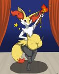 2017 ambiguous_gender belly big_belly black_fur braixen canine curtains digestion fire fox fur inner_ear_fluff mammal navel nintendo nude pippuri pok&eacute;mon raised_leg red_eyes red_fur red_nose smile solo star stick teeth video_games vore white_fur wide_hips wood yellow_fur 
