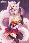  ahri animal_ears artist_name bare_shoulders black_gloves black_legwear blue_eyes choker collarbone drill_hair elbow_gloves flower fox_ears fox_tail gloves grey_hair hair_flower hair_ornament heart heart_choker heart_hair_ornament heartseeker_ahri high_ponytail holding league_of_legends leg_up long_hair looking_at_viewer mary_montes multiple_tails parted_lips petals realistic red_skirt skirt solo tail very_long_hair watermark web_address whisker_markings 