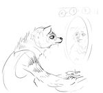  anthro black_and_white clothed clothing depression disney fan_character fur hyena male mammal mirror monochrome nobody_(artist) ozzy_(weaver) pack_street simple_background sink solo water wet zootopia 