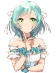  1girl aqua_bow aqua_choker aqua_hair bang_dream! bare_shoulders bow collarbone detached_sleeves finger_to_chin frilled_sleeves frills green_eyes hair_bow hair_ribbon hand_on_own_arm highres hikawa_hina komachi_narota ribbon short_hair short_sleeves side_braids simple_background solo upper_body white_background white_ribbon wrist_bow yellow_bow 