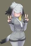  bangs belt blush bodystocking bodysuit breast_pocket breasts collar collared_shirt eyebrows_visible_through_hair fingerless_gloves gloves grey_hair grey_legwear grey_shirt head_wings highres kemono_friends long_hair looking_at_viewer low_ponytail medium_breasts multicolored_hair necktie pantyhose pocket shirt shoebill_(kemono_friends) short_sleeves shorts simple_background smile solo sumiyao_(amam) tail v yellow_eyes 