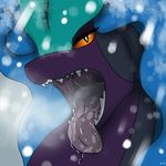  2016 alternate_color ambiguous_gender black_eyes black_skin blue_hair crest drooling fan_character hair half-closed_eyes legendary_pok&eacute;mon looking_at_viewer mouth_shot nintendo nude open_mouth orange_sclera pippuri pok&eacute;mon purple_skin saliva sharp_teeth snow solo suicune teeth tongue tongue_out video_games 