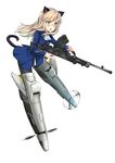  animal_ears aohashi_ame ascot black_legwear blonde_hair blue_jacket bren_lmg cat_ears cat_tail flying full_body glasses gun holding holding_weapon jacket long_hair looking_to_the_side machine_gun military military_uniform no_pants open_mouth pantyhose perrine_h_clostermann simple_background solo strike_witches striker_unit tail uniform weapon white_background world_witches_series yellow_eyes 