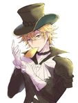  :3 adjusting_clothes adjusting_gloves blonde_hair bloom blue_eyes cape card chat_noir_(granblue_fantasy) cravat earrings gloves granblue_fantasy hat highres jewelry kadzuki_(ka3du6ki) long_sleeves looking_at_viewer male_focus monocle mouth_hold simple_background solo top_hat upper_body v-shaped_eyebrows white_background white_gloves 