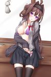  alternate_costume bikini bikini_under_clothes black_legwear black_skirt brown_hair cardigan dress_shirt hairband hand_under_clothes hand_under_skirt heart heart-shaped_pupils highres kantai_collection kongou_(kantai_collection) long_hair pleated_skirt purple_bikini purple_eyes shirt skirt solo swimsuit swimsuit_under_clothes symbol-shaped_pupils teruterubouzu thighhighs yoye_(pastel_white) 